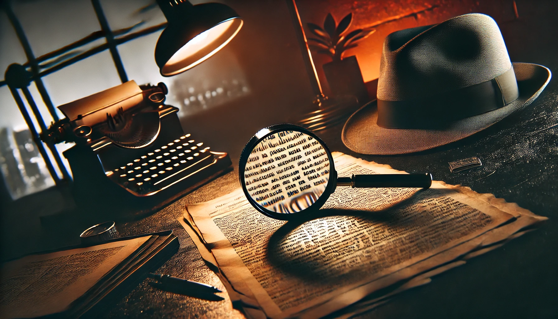 A film noir-style scene with a magnifying glass in the foreground, focusing on a document with mysterious symbols and text. The scene is set on a desk with dramatic shadows and muted colors. The background includes a fedora hat, a dimly lit lamp, and a hint of a cityscape through a window, creating an atmosphere of mystery and intrigue.