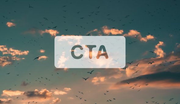 A flock of birds flying at sunset with a translucent overlay in the center displaying the text 'CTA' against a backdrop of clouds and a gradient sky.