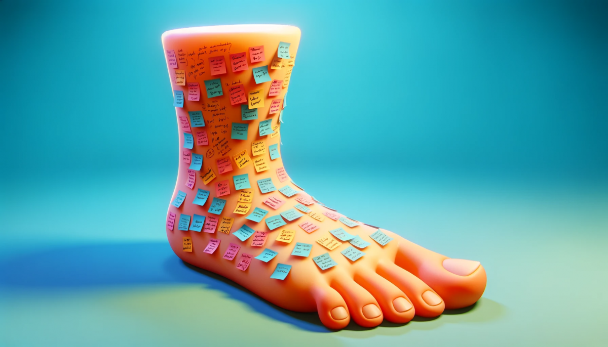 3D Pixar-style image of a right leg with a foot facing right. The foot is adorned with colorful Post-it notes containing playful handwritten text messages.