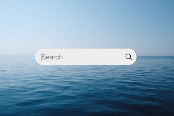 a photo of a vast sea with a screenshot of a search field superimposed on top