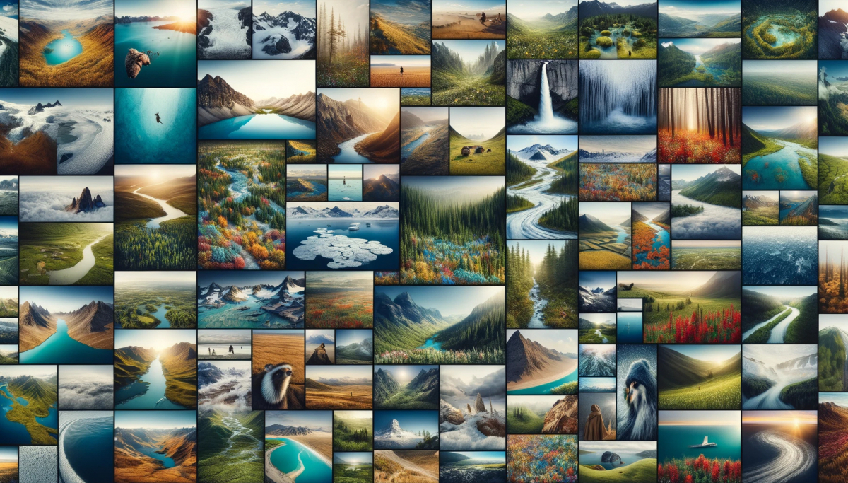 High-resolution, landscape-oriented collage featuring over 20 unique and seamlessly blended nature photographs of various sizes and orientations, including landscapes, forests, rivers, lakes, beaches, deserts, and tundras, with diverse weather conditions, forming a cohesive and visually dynamic tapestry of natural beauty.